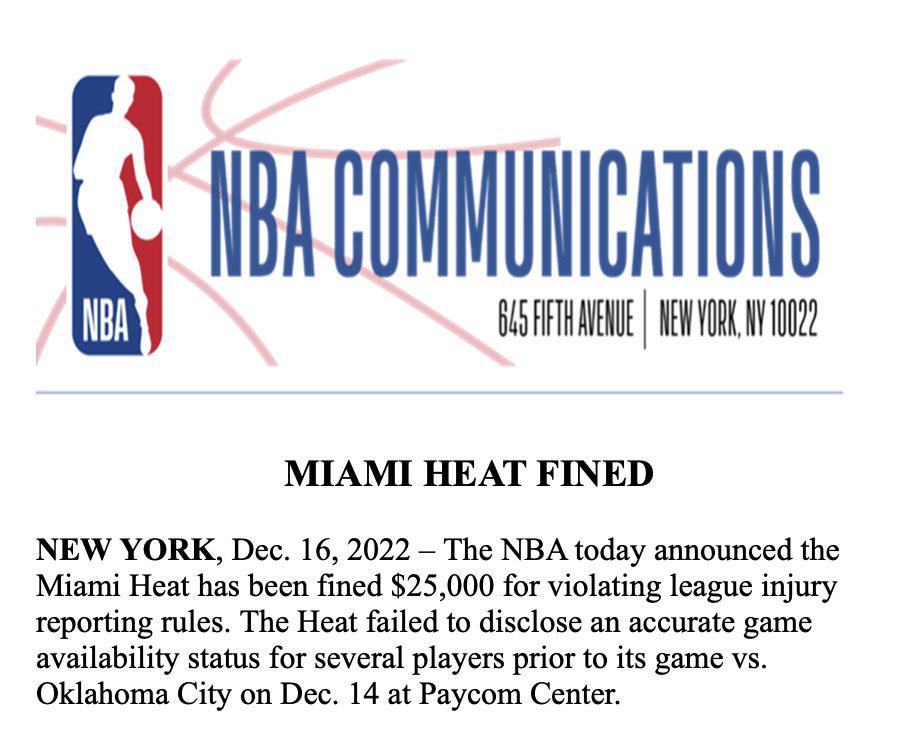 NBA官宣两笔罚单 热火强硬回应被罚：把全队16人都列入伤病名单(2)