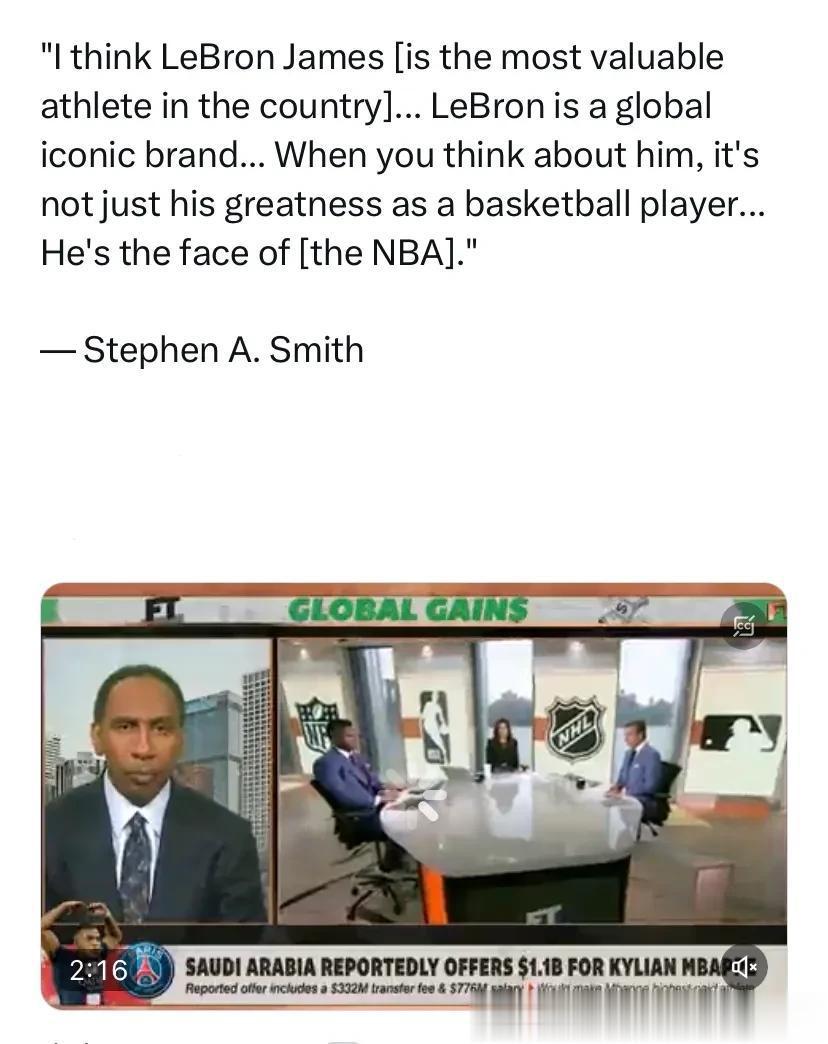 名记史密斯说詹姆斯是NBA门面！

斯蒂芬·A·史密斯：“我认为勒布朗·詹姆斯（(1)