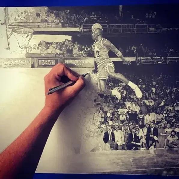 牛逼！国外一名艺术家耗时250个小时，纯手工画出篮球之神迈克尔乔丹在扣篮大赛上的(3)