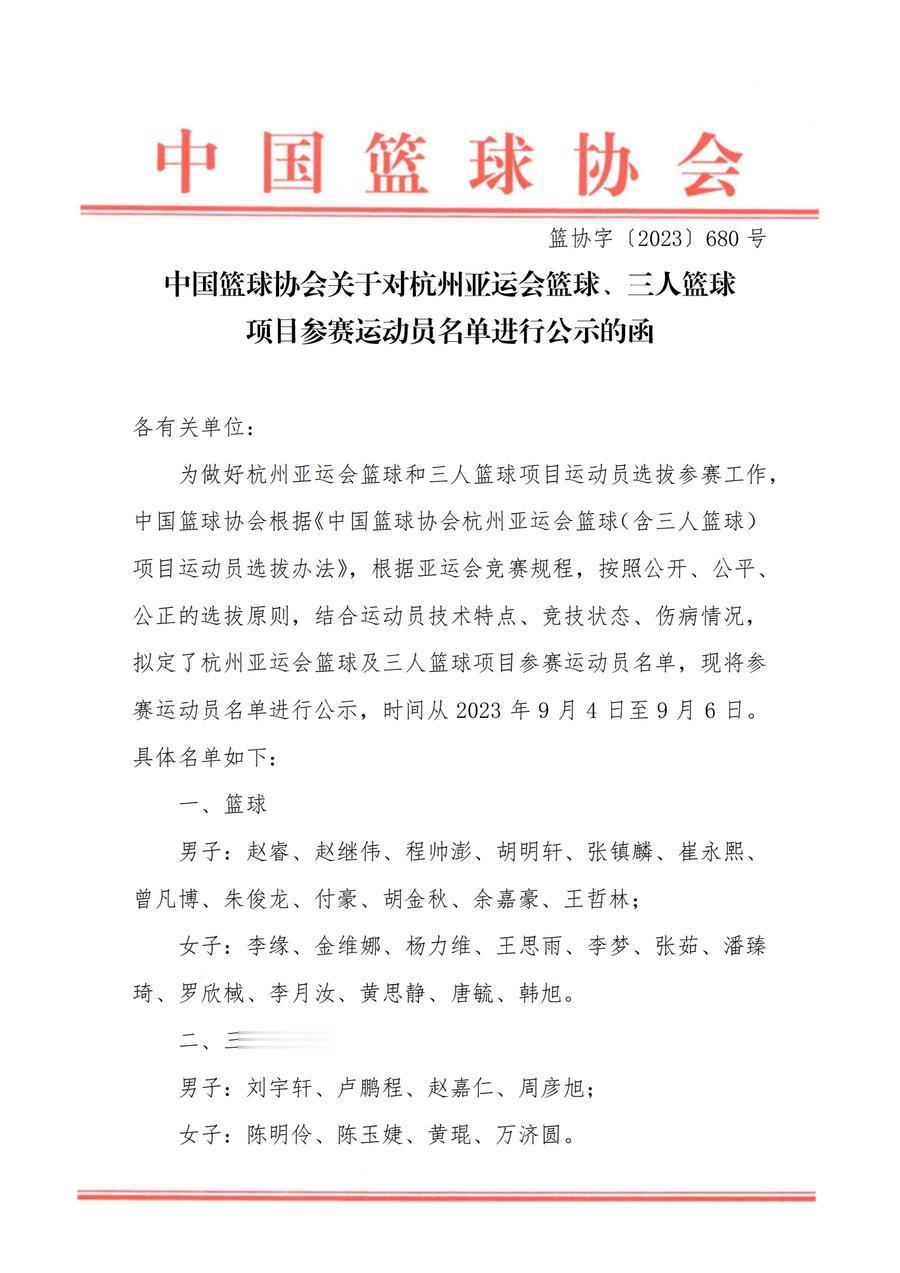 亚运会中国篮球队名单出炉：赵睿、王哲林，李梦、韩旭分别入选(1)