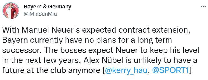 记者：拜仁没考虑诺伊尔接班人，努贝尔已失去未来(1)