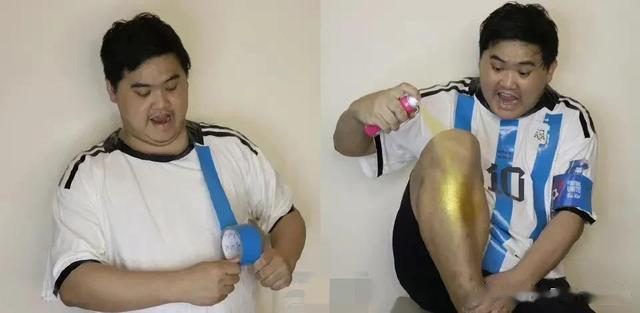 泰国球迷在小腿部位喷金色漆做出大力神杯，模仿梅西亲吻大力神杯(3)