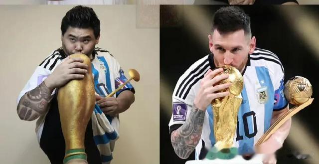 泰国球迷在小腿部位喷金色漆做出大力神杯，模仿梅西亲吻大力神杯(4)