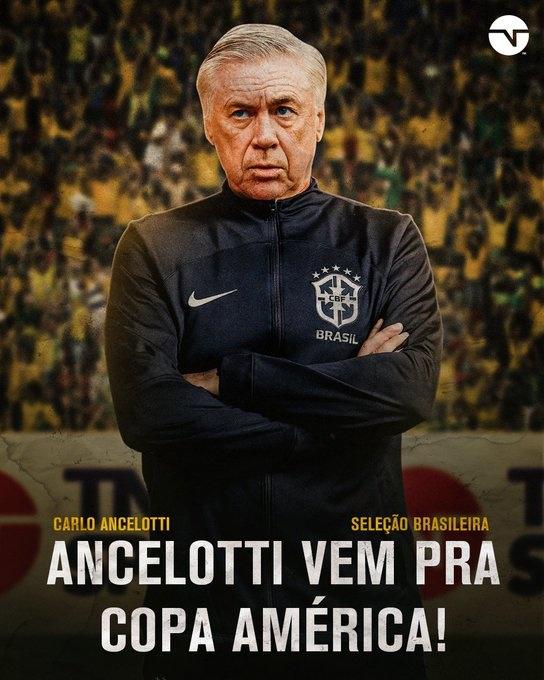 据巴媒《环球报》报道，巴西足协主席确认安切洛蒂将率队参加2024年美洲杯。此外，(1)