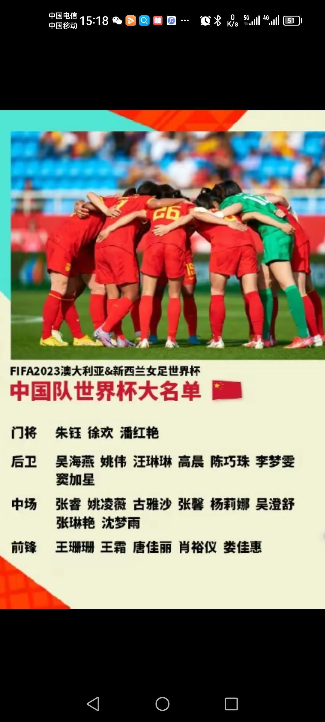 中国女足世界杯出征了！
王霜、唐佳丽、张琳艳以及九球天后王珊珊均在列！
不过世界(3)